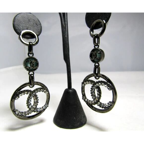 Chanel C19 Crystal CC Logo Black Metal Dangle Drop Earrings - Picture 3 of 4